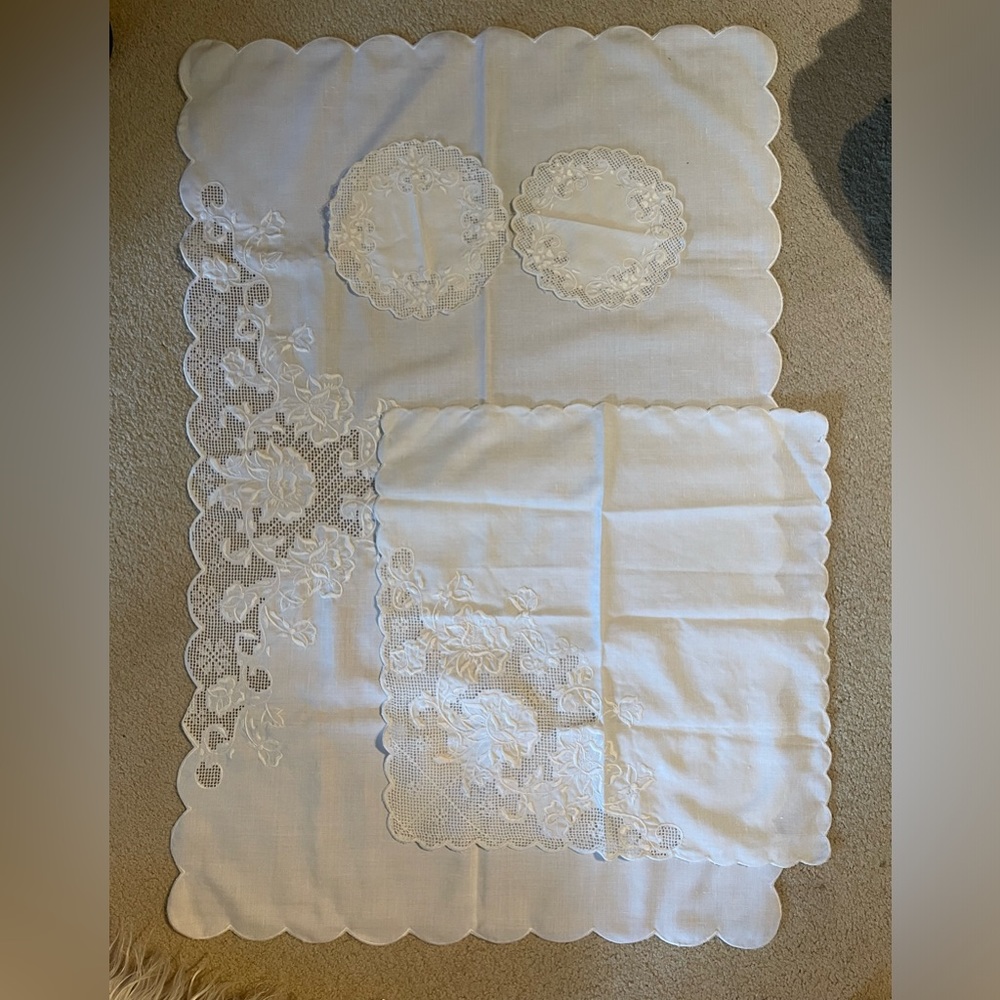 Set of Vintage Philippines Embroidered Table Covers & Doilies